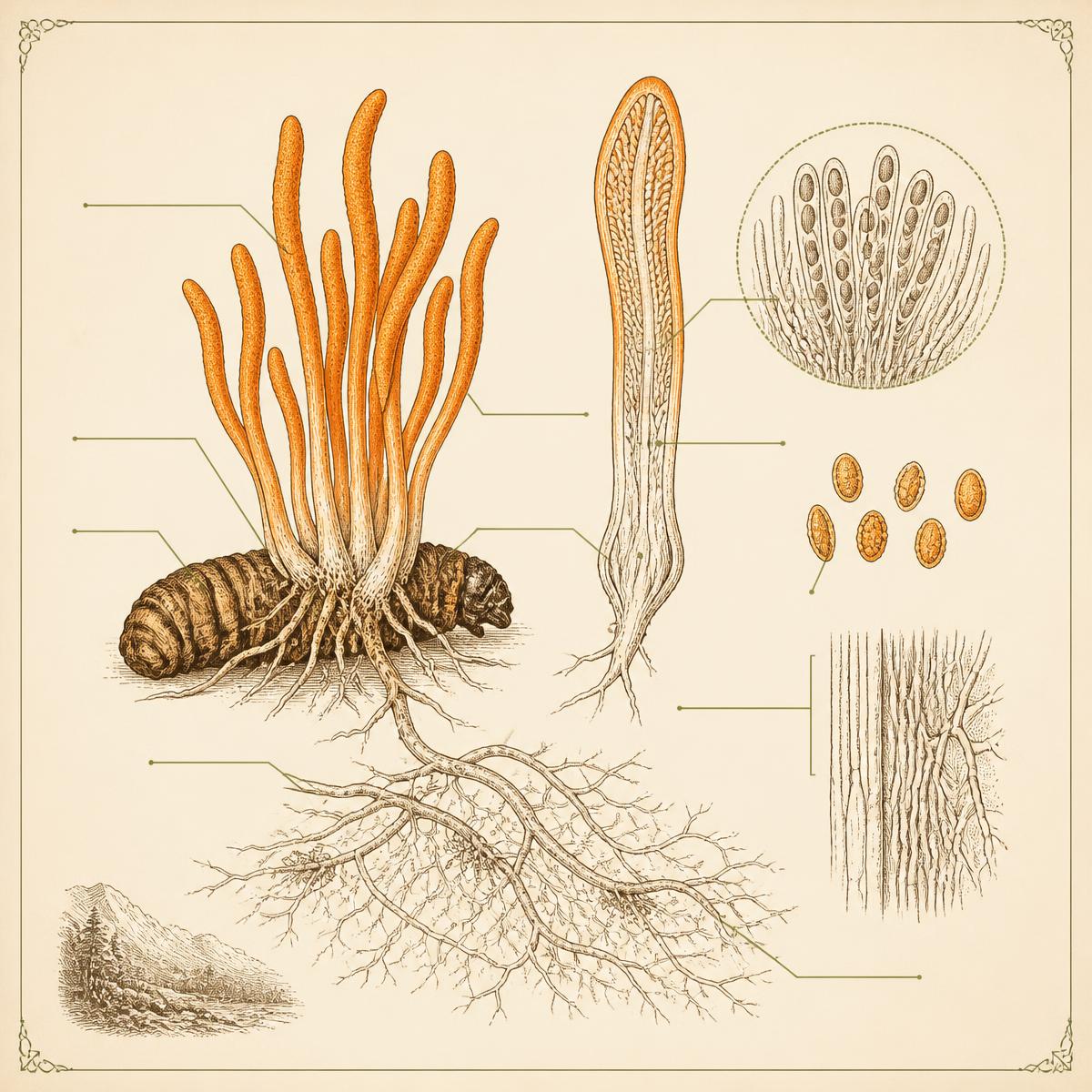 Botanical anatomy plate of Cordyceps militaris showing stroma, ascus and spore detail