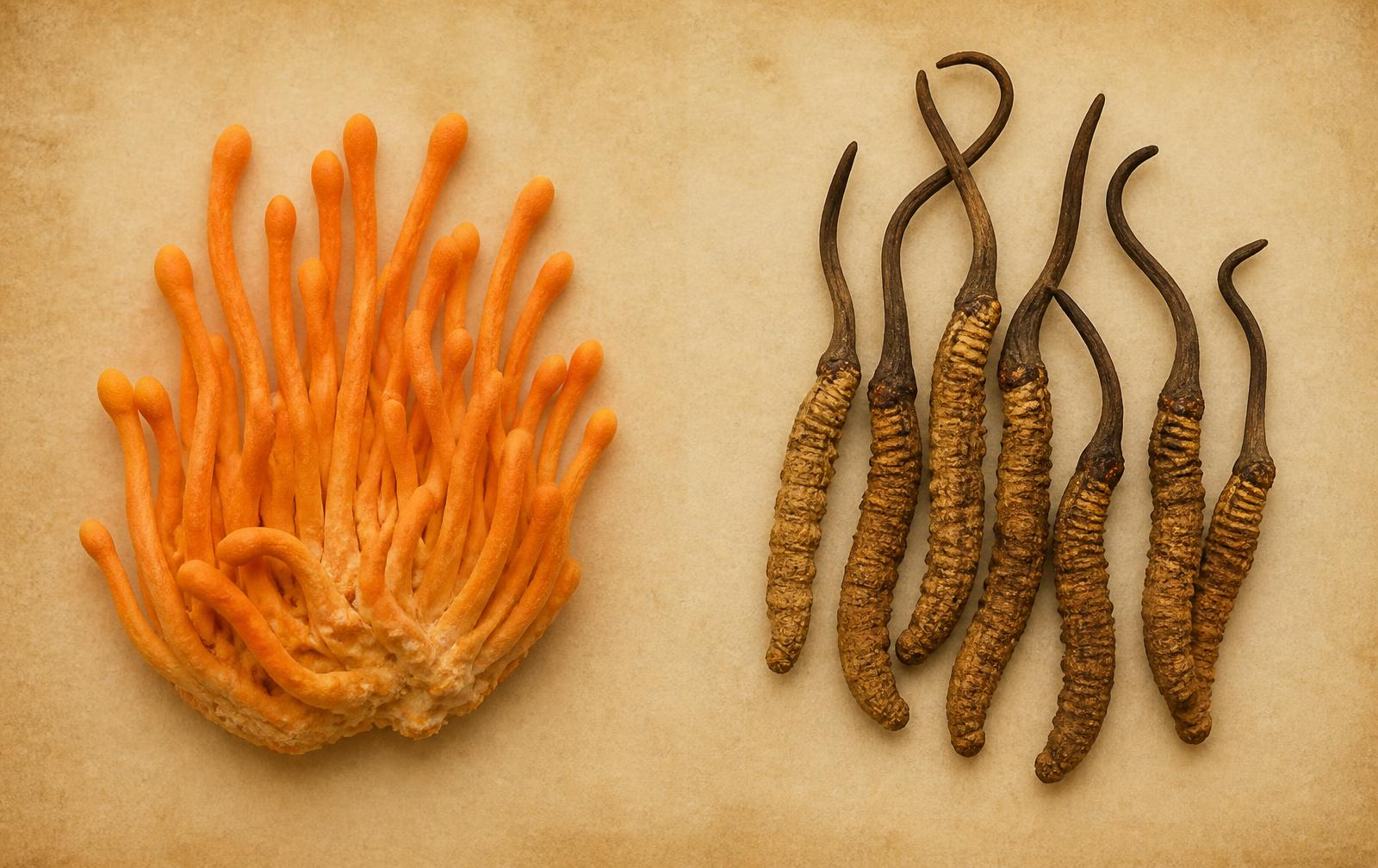 Comparison plate showing orange Cordyceps militaris beside dried wild Cordyceps sinensis